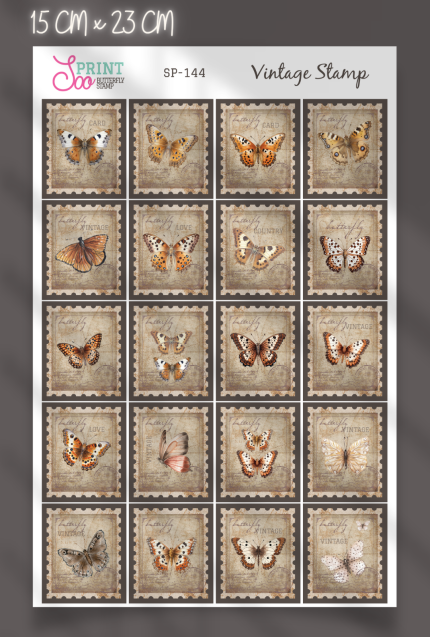 Vintage Pul Sticker Seti - Butterfly Stamp