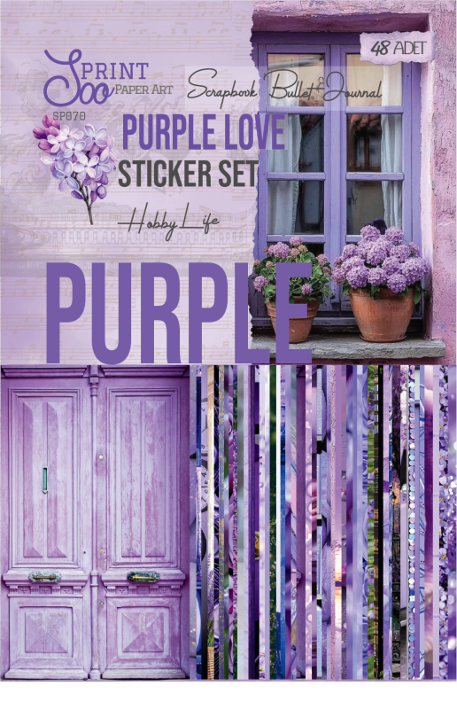 Purple Love mor sticker seti - 48 adet scrapbook ve bullet journal sticker