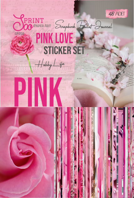 Pink Love pembe sticker seti - 48 adet scrapbook ve bullet journal sticker