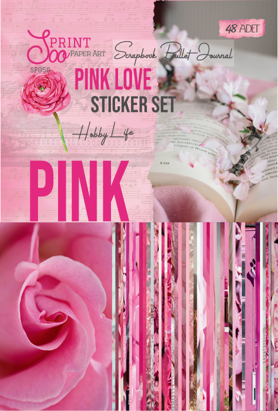 Pink Love pembe sticker seti - 48 adet scrapbook ve bullet journal sticker